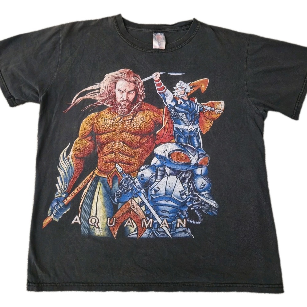 Y2K DC Comics Aquaman Graphic T-Shirt Double-Sided Size L Black Comic Book